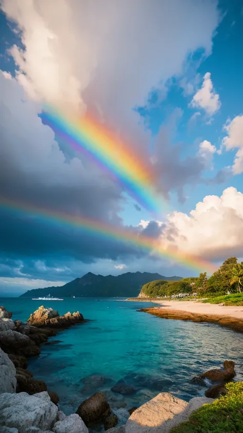 there is a rainbow in the sky over a beach with rocks and pebbles, seashore, Alpine Forest Landscape Photo，Steep mountain roads，Clear and transparent lake，wood，Bushes，Fallen leaves，Dawn Sun，Kasumi，Cliffs and mountains，Dilapidated，Lonely，cold，Foggy sky，Not ...