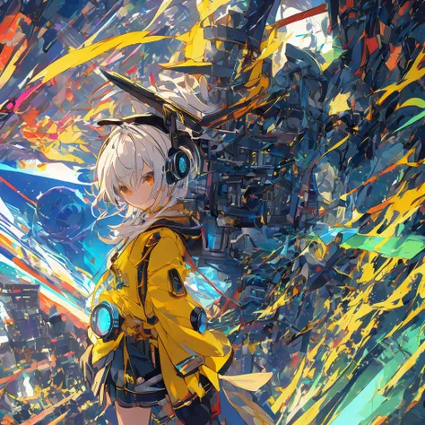 1girl,(((Highest quality、Masterpiece、Official Art、The best dynamic composition、Super detailed)))、Anime Magical Girl、cyber punk、巨大なかわいい💛型の魔法の杖、Cloak with hood、Headphones on head、アイドルの服なのにcyber punk、White long boots、A pouch for holding test tubes on the wais...