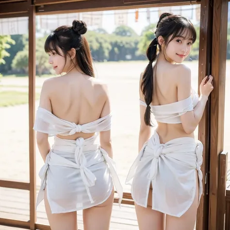 日本people、１people、The most beautiful woman、smile、Shyness、clear、Shiny black hair、((Standing with legs wide open))、Photo Style、length, bangs、light makeup、Standard face、(((Wearing a white Etchu loincloth)))、((Light clothing:0.5))、(She is hiding her breasts by ...