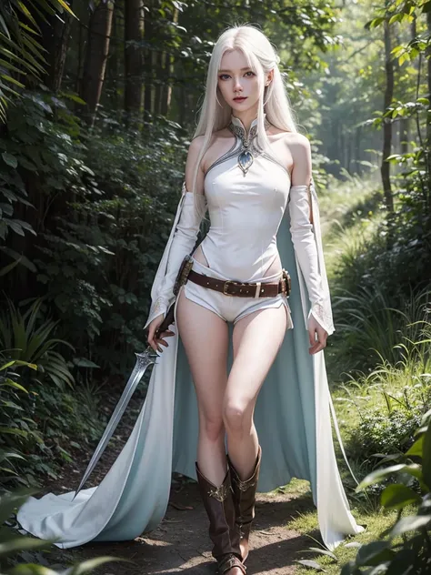 Long white hair, cate features, white skin, Fantasy world. Adventurer style with armor on the shoulder and arms (ruby). Ideal slim and delicate body in the form of an hourglass figure. In the forest. Armor on the shoulders and a magical cool sword on the h...