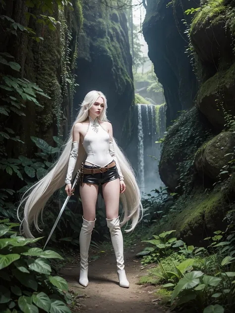 Long white hair, cate features, white skin, Fantasy world. Adventurer style with armor on the shoulder and arms (ruby). Ideal slim and delicate body in the form of an hourglass figure. In the forest. Armor on the shoulders and a magical cool sword on the h...