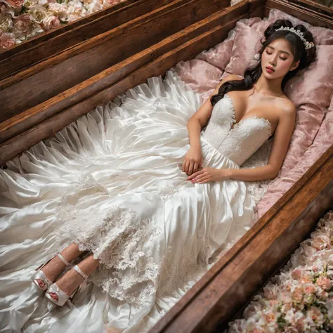 A provocative and sensual image unfolds before us. Two Korean girls, 22 years old, lie asleep in a deep, black coffin surrounded by plush pillows. They wear see-through wedding dresses with lace details, off-shoulder designs, sleeve, and huge skirts that c...