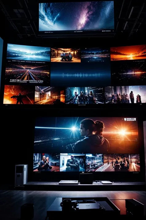 A montage of motivational videos playing on multiple screens in a dark room, with the central screen being highlighted and more vivid, symbolizing the uniqueness of the documentary.