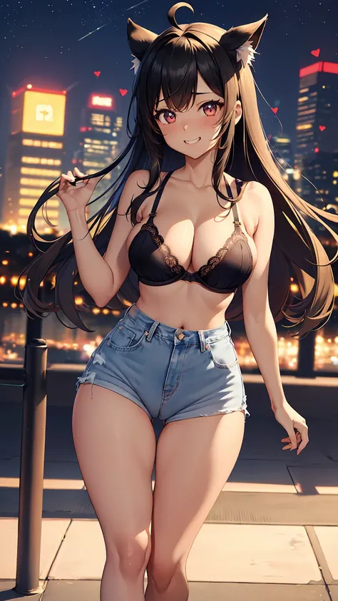 1girl, anime girl, anime, (dark skin), 2d girl, 16y, (fullbody), standing, anime girl, black eyes, (heart-shaped pupils), seductive grin, (ahoge, long hair, hime-cut hair, black hair), ((nipleless white bra, areolae, areola, areola exposed)), Solo, Slim, l...