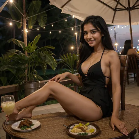 A Bangladesh white beautiful girl Beautiful black-haired woman sitting at a table and laughing at delicious-looking food dinner to eat enjoy the view in Coxs bazar beautiful background hulf dress bikini night 