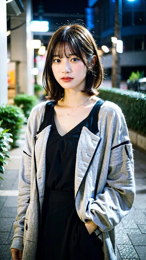 a beautiful japanese woman with very short bob haircut, full body shot, wearing fashionable clothes, necklace, simple background, (best quality,8k,32k,masterpiece:1.2),cinematic aesthetic:1.4,beautiful fashion model photo in bokeh city night,full body shot...