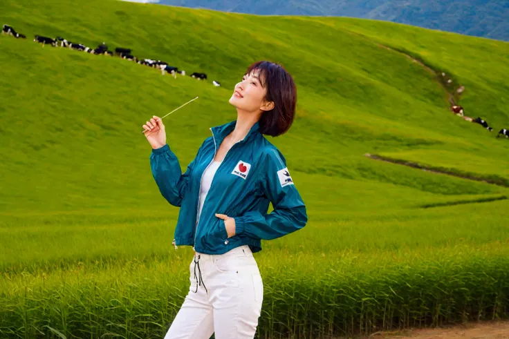 high quality, 1 woman, ((36 years old 건강한 한국 여성)), ((36 years old)), 1 woman, short, The eyes are big and beautiful. ((slim)), ((short medium hair)), laugh. pose: standing, luxury brand windbreaker jacket, white casual pants, background: 1 woman, Californi...