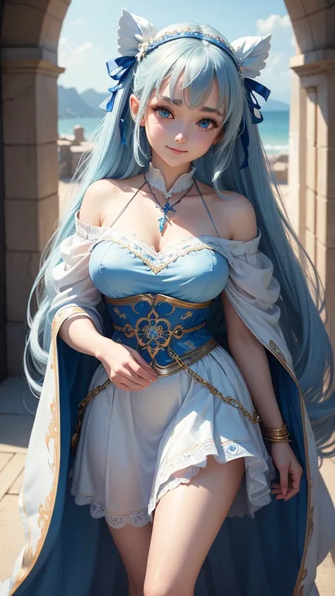 (((masterpiece))),(((Highest quality))),((Very detailed)),(figure),((Very delicate and beautiful)),(Beautiful and fine details),(Detailed Light) (One girl), solo , Glowing Eyes,Light blue long hair、Twin tails、blue eyes, Double Tail, Bright blue sky backgro...