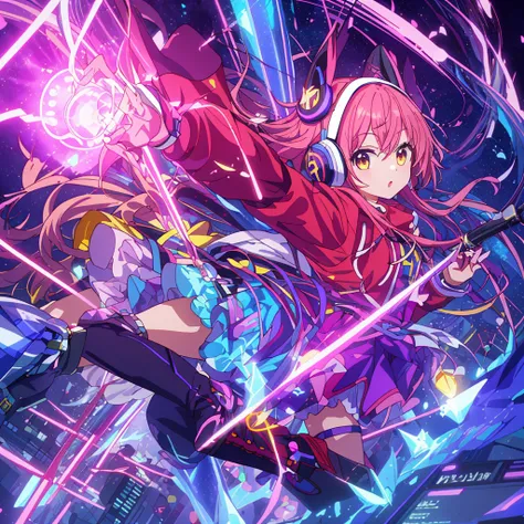 1girl,(((Highest quality、Masterpiece、Official Art、The best dynamic composition、Super detailed)))、Anime Magical Girl、cyber punk、巨大なかわいい💛型の魔法の杖、Cloak with hood、Headphones on head、アイドルの服なのにcyber punk、White long boots、A pouch for holding test tubes on the wais...