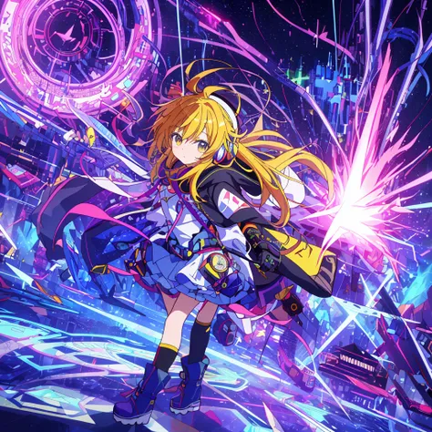 1girl,(((Highest quality、Masterpiece、Official Art、The best dynamic composition、Super detailed)))、Anime Magical Girl、cyber punk、巨大なかわいい💛型の魔法の杖、Cloak with hood、Headphones on head、アイドルの服なのにcyber punk、White long boots、A pouch for holding test tubes on the wais...