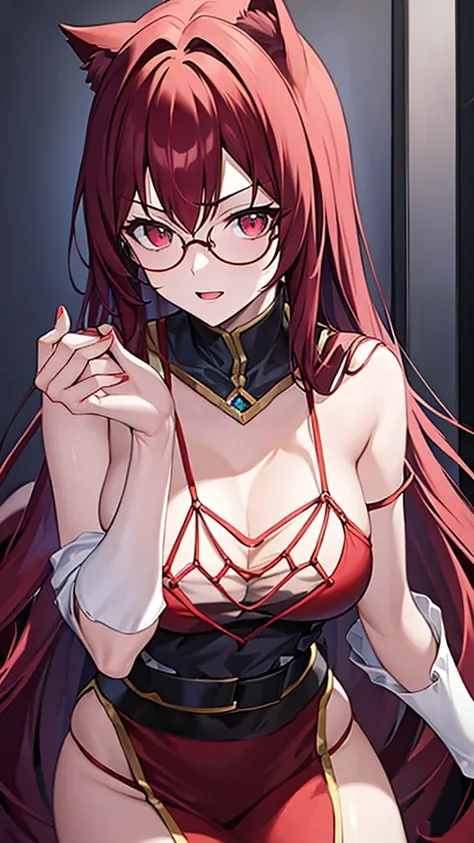 a 20 year old female villain with long dark red hair, red cat eyes, chest with red cat ears, round glasses, black dress,