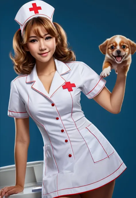 (((((17yo, Female dog))))), (((((Sexy shiny nurse uniform))))), masterpiece, (From above), ((((Large Breasts)))), ((((Big Hips)))), ((((((Sexy pose)))))), (Very tanned and shiny skin),  (Skin Dentition), photoRealistic, Realistic, alone, photoRealistic, Hi...