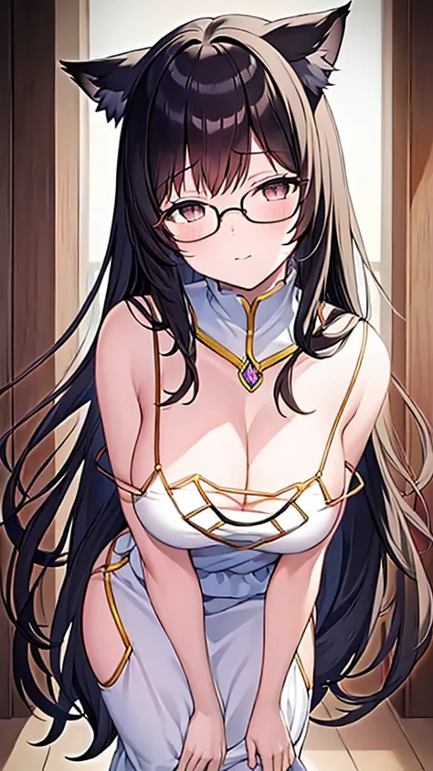 (masterpiece), (best quality), cat girl in her 20s, long hair, black hair, chest, gray eyes, cat ears and cat tail, round glasse...