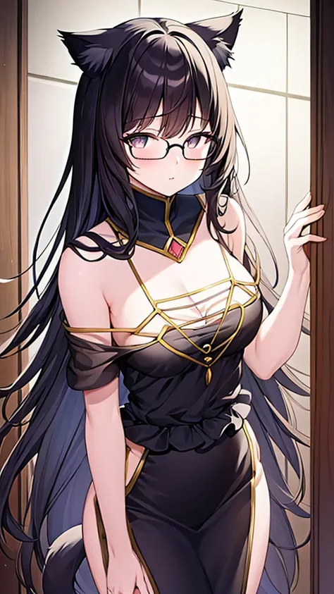 (masterpiece), (best quality), cat girl in her 20s, long hair, black hair, chest, gray eyes, cat ears and cat tail, round glasse...