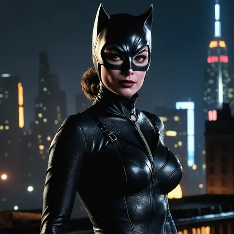 Catwoman, Gotham city at night, Christopher Nolan style, drama and lifesaving, in dynamic, atmosphere of darkness and horror, dramatic light, highly detailed, packed with hidden details, hyper realistic, uhd image, realism, colorful realism, UHD, 8K