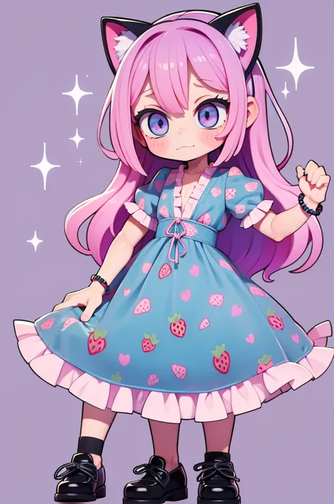 1 girl, chibi, tiny, toddler, pink hair, purple hairclips, cat ears, light skin, blue eyes, sparkle in eyes, purple pacifier, we...