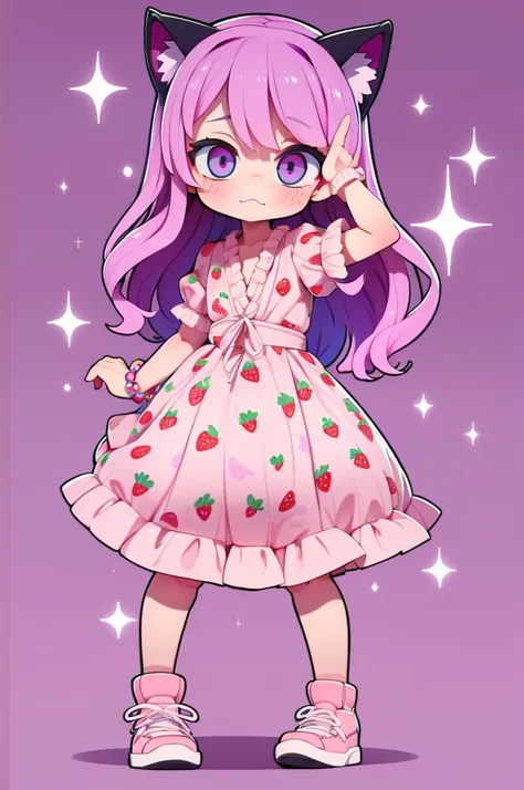 1 girl, chibi, tiny, toddler, pink hair, purple hairclips, cat ears, light skin, blue eyes, sparkle in eyes, purple pacifier, we...