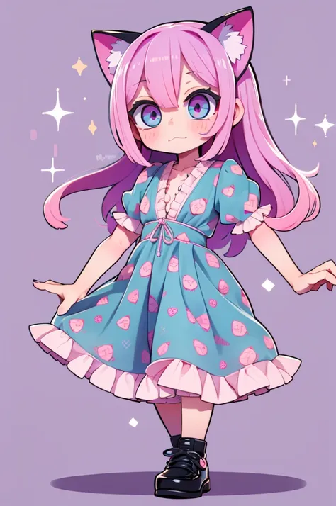 1 girl, chibi, tiny, toddler, pink hair, purple hairclips, cat ears, light skin, blue eyes, sparkle in eyes, purple pacifier, we...