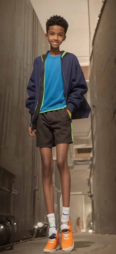 14 year old boy，light brown skin，blue sports shorts，bright neon green top，orange socks，big round eyes，very short hair，tall and s...