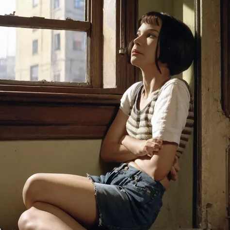 mathilda, there is a girl sitting on a window sill looking out, fantastic realism, eon flow style, sitting on a window sill, pos...