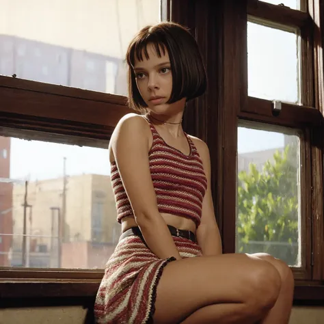 mathilda, there is a girl sitting on a window sill looking out, fantastic realism, eon flow style, sitting on a window sill, pos...