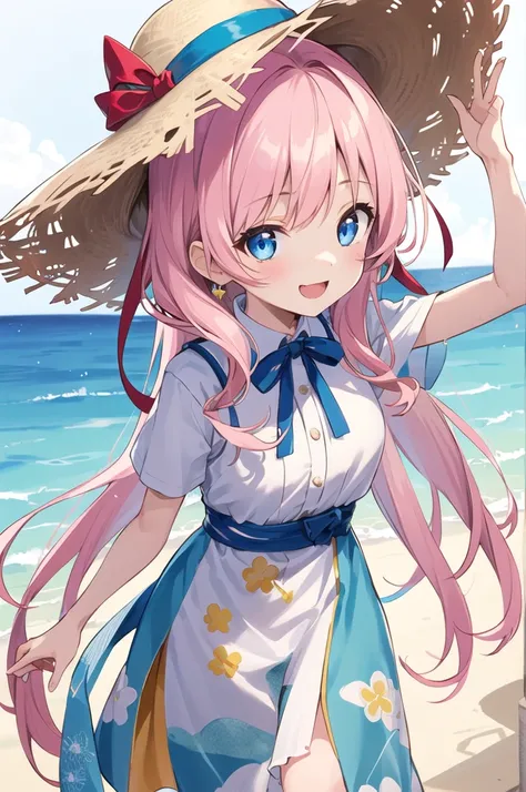 Girl、cute、Yandere、Menhera、Clear、Bangs、Lori、コン、cute、Light blue eyes、Light pink hair、Long Hairstyles、Palm fruit、Straw hat、Big ribbon、cute、Spoiled、Watery eyes、heart，smile、be happy、Eyes glow blue、Red cheeks、Hawaii、