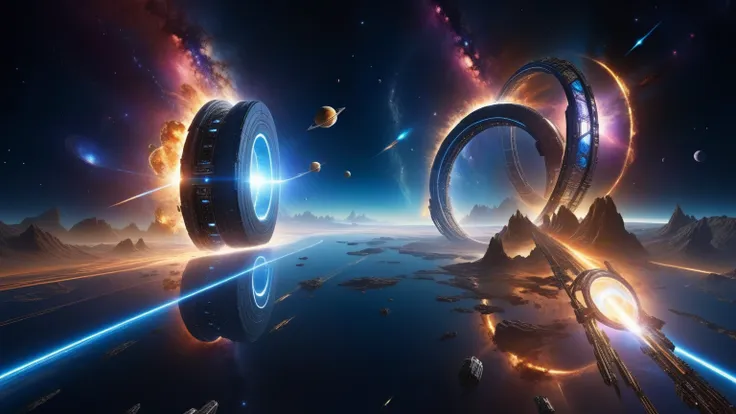 dark space of the universe, large artificial high-tech ring gate flies through space and time, flying sci-fi vehicle, cosmic lig...