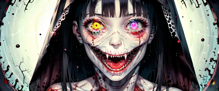 ((NSFW)), (((erotic horror)), ((full body view, anatomical horror, sexual horror, anatomical monstrosity:1.2)),Madness,female body, ((undead breasts, nipples)), solo,looking at viewer,open mouth,bangs,yellow eyes,teeth,tears,eyelashes,glowing,heterochromia...