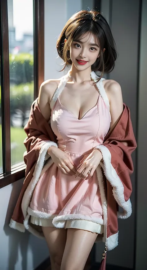 cns attire, cyb dress, chinese clothes, long sleeves, wide sleeves ((full breasts)), ((chest window, visible cleavage)), ((showi...