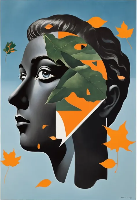 René Magritte，Weird dislocation art in the sky：Collage画，There are many different things on the face，leaf，Geometric Dislocation，Collage,Hollow，Artistic sense，Painting，paint，Simple，Black and Orange，Vector