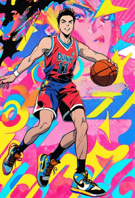 one boy, (((dunk shot))), athlete, basketball, athlete, pop background, pop art, colorful, flashy