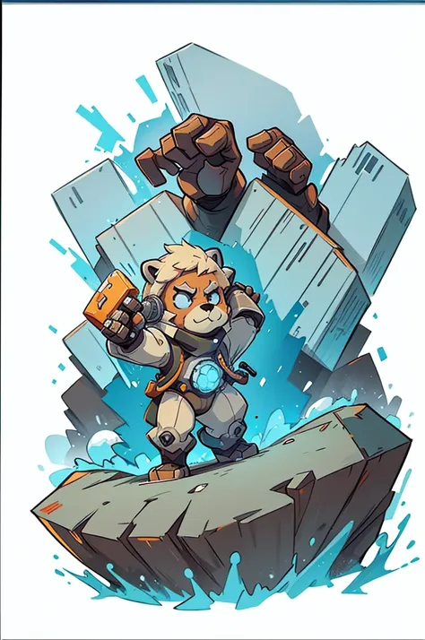 polar bear dressed as a mecha robot, chibi, fighting stand, ice frozen elemental, background iceberg, stunning style.