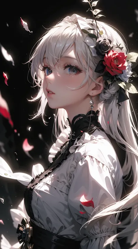 teen girl，withered roses , the petals are flying，gothic，white hair，فرط الaccuracy，accuracy，provide details，（accurate facial imag...