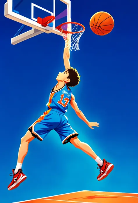 one boy, (((dunkシュート))), dunk, athlete, basketball, basketball goal, pop background,