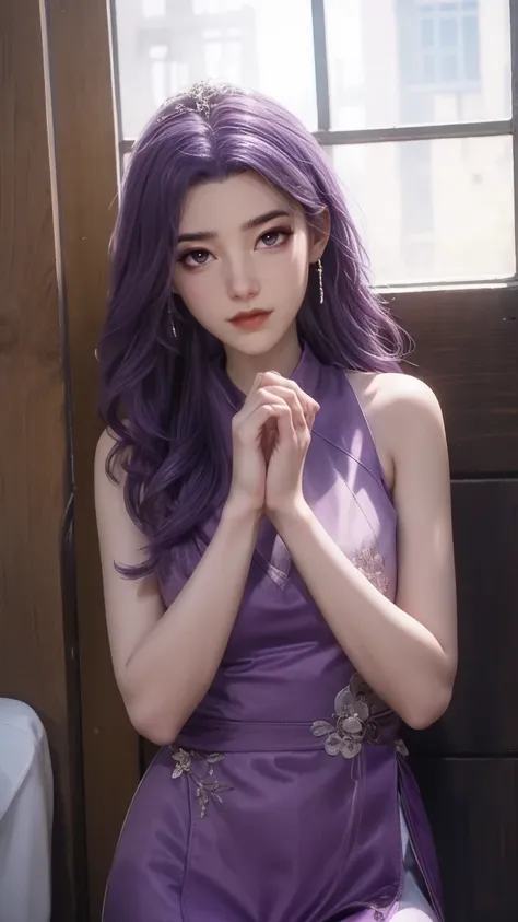 1 girl, girl with a cheerful personality, purple hair, carefree, 微lol, lol, the girl is wearing a purple cheongsam. the girl&#39...