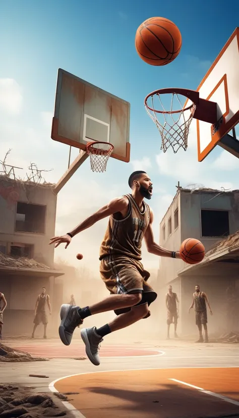 An expressive and realistic ultra-clear photography，Basketball court with a post-apocalyptic wasteland as background，Depiction of a basketball player dunking，The ball is already in the basket，There are many lost onlookers nearby，Demonstrating the optimism ...