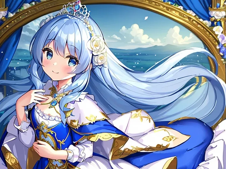 looking at viewer, upper body,(masterpiece),(best quality),(rococo style),(long train blue cape:1.15), very long cape,(long train white ball gown with flower decorations:1.1), a girl is wearing a cape over her gown, 1 little princess, tiara, smile, very lo...