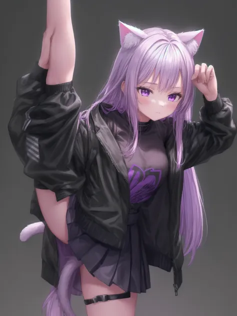 1girl, cat ears, cat tail, solo, age:16, :3, standing, purple long hair, purple eyes, upper body, closed mouth, ultra-detailed, ...