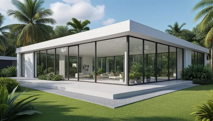 a hyper-realistic image of a modern one-story house with a minimalist design, featuring a combination of white and glass materia...