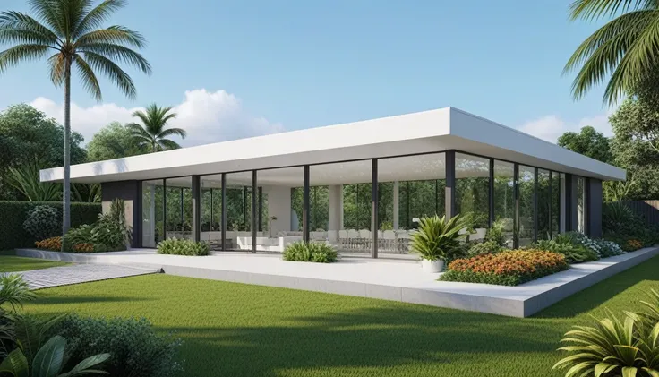 A hyper-realistic image of a modern one-story house with a minimalist design, featuring a combination of white and glass materials. The house has a flat roof, large floor-to-ceiling glass windows, and a spacious front yard. The garden includes various trop...