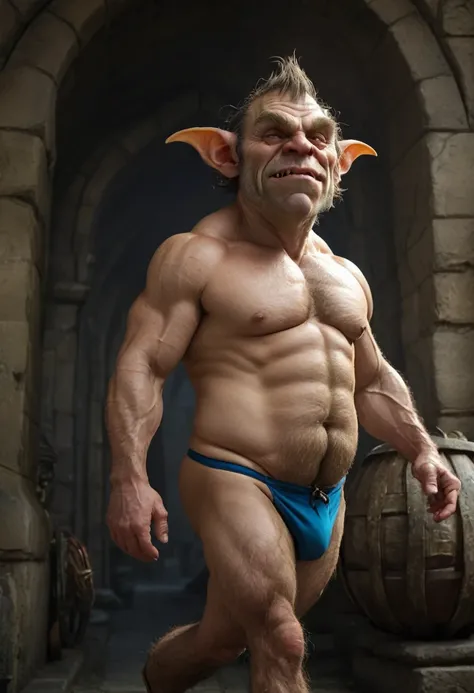 a tall goblin Fat, hairy, muscular, speedo, swollen intestines, prominent belly, pointed ears