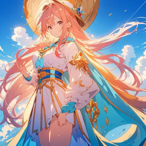 One Girl、Golden Ratio、(masterpiece, Highest quality、Official Art、Optimal Configuration、Award-winning works), (Thin Hair), Very detailed, Anime Style, alone, full length, Concept Art,Magical girl　Big hat　Cape, Very detailedなデザインの魔法の杖,  Super huge, Tall and ...