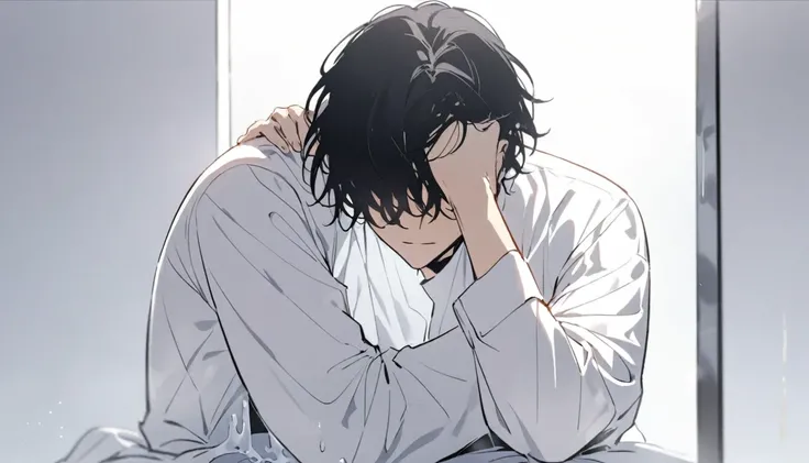 Man, fluid dripping from upper body, black hair, hair covering eyes, handsome, alone, stays for a moment, full body, womens shirt, plain white room