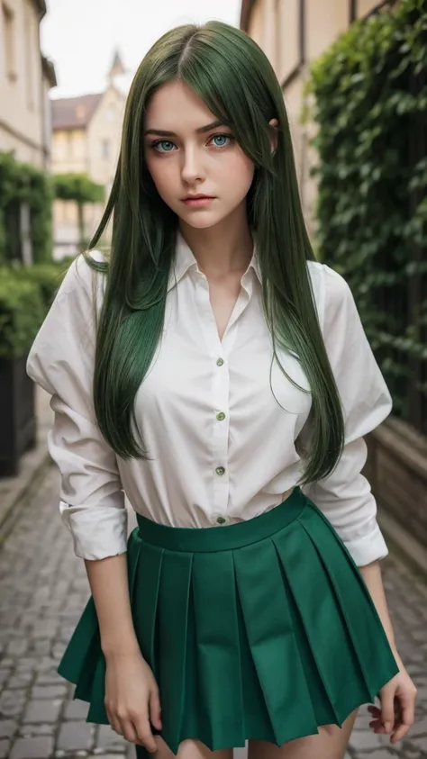 a girl.  face sent feeling.  Europe.  Oval face.  long face.  delicate facial features.  sad eyes.  seductively seductive.  green eyes.  long straight hair.  green hair like.  sad expression.  scared.  long pleated skirt.  straight face