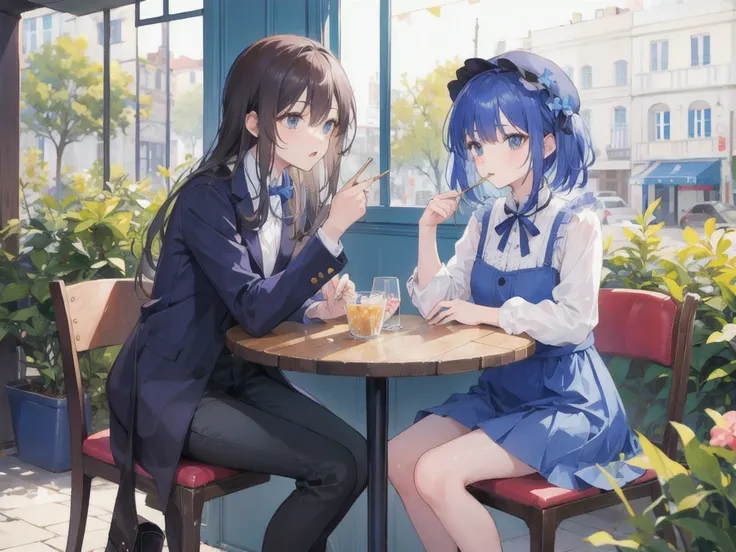 girl and man, sit in blue cafe, French sweet, on date, eat
