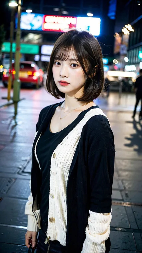 a beautiful japanese woman with very short bob haircut, full body shot, wearing fashionable clothes, necklace, simple background, (best quality,8k,32k,masterpiece:1.2),cinematic aesthetic:1.4,beautiful fashion model photo in bokeh city night,full body shot...