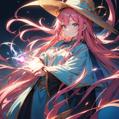 One Girl、Golden Ratio、(masterpiece, Highest quality、Official Art、Optimal Configuration、Award-winning works), (Thin Hair), Very detailed, Anime Style, alone, full length, Concept Art,Magical girl　Big hat　Cape, Very detailedなデザインの魔法の杖,  Super huge, Tall and ...