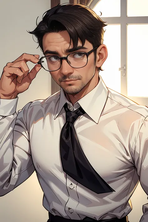 A 40-year-old man, White Button-Down Shirt, Glasses, Black Tie, headmaster