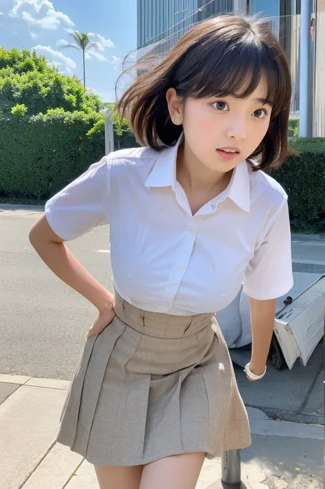 ((highest quality, masterpiece :1.3)), Photorealistic、Ultra-high resolution、Natural skin texture、Hyperrealism、Photograph from the knee up、12 year old beautiful Japanese girl、Short Hairstyles、Large breasts、White collared shirt and tie、mini skirt、Frightened ...