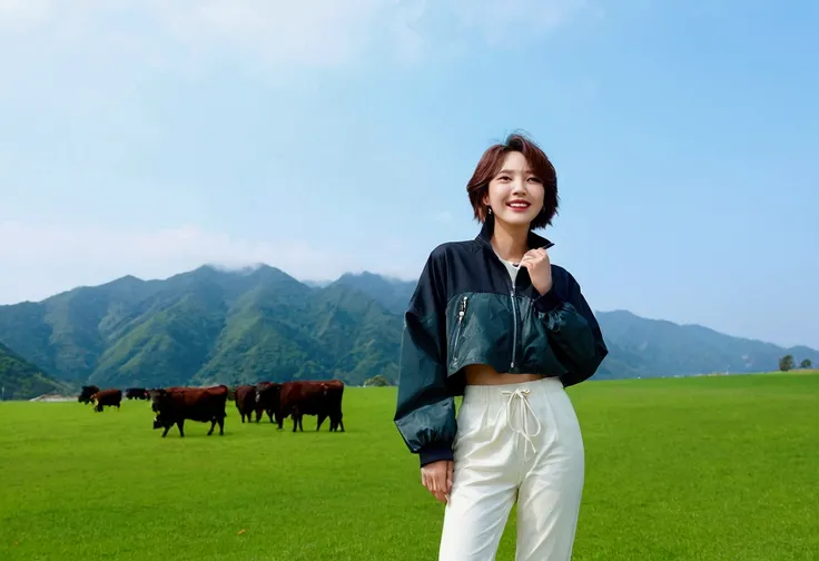 high quality, 1 woman, ((36 years old 건강한 한국 여성)), ((36 years old)), 1 woman, The eyes are big and beautiful. ((slim)), ((short medium hair)), laugh. pose: standing, High-end luxury brand windbreaker jacket, white casual pants, background: 1 woman, Califor...